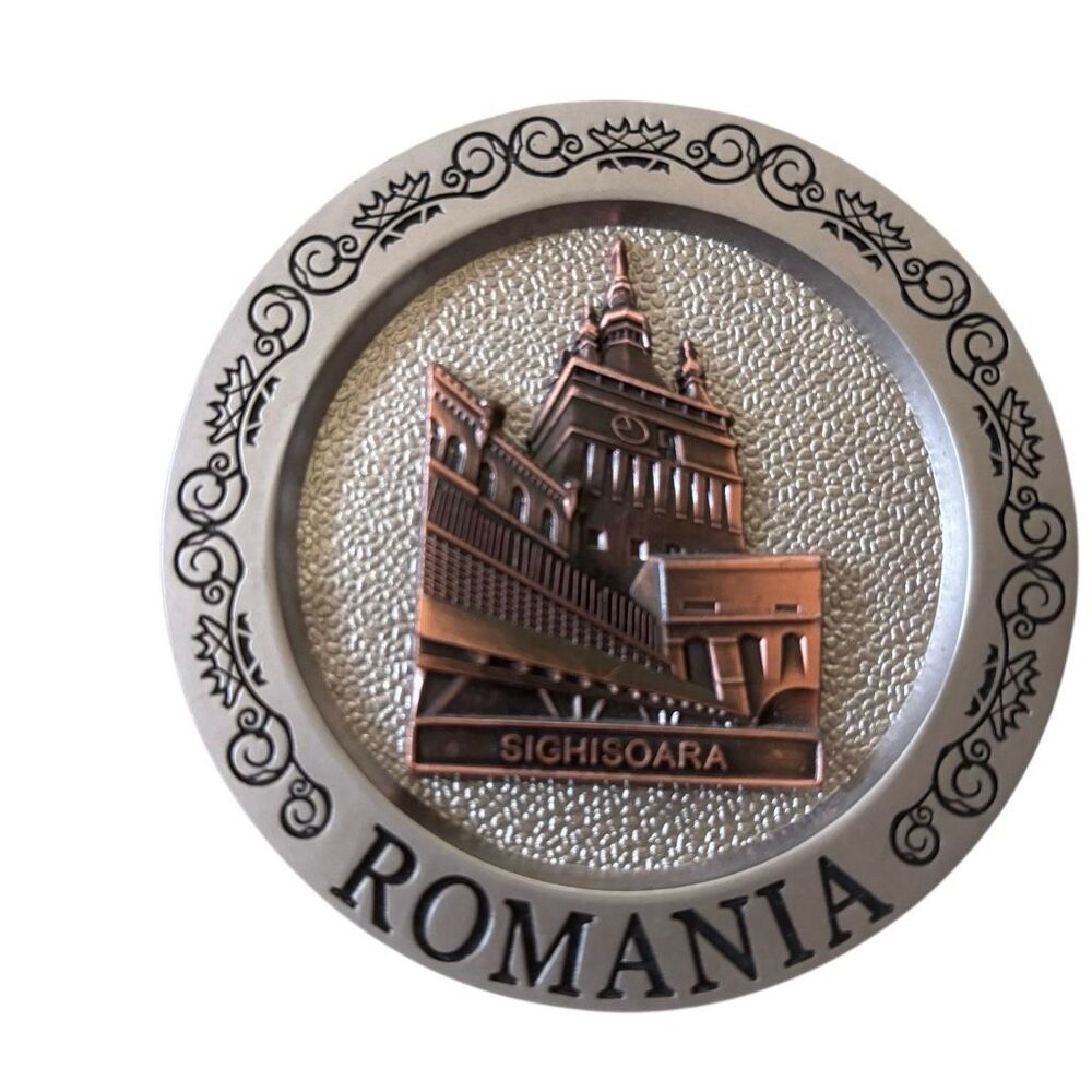 Vintage Romania Sighisoara Metal Souvenir Plate 3.25" Clock Tower Plaque Felt